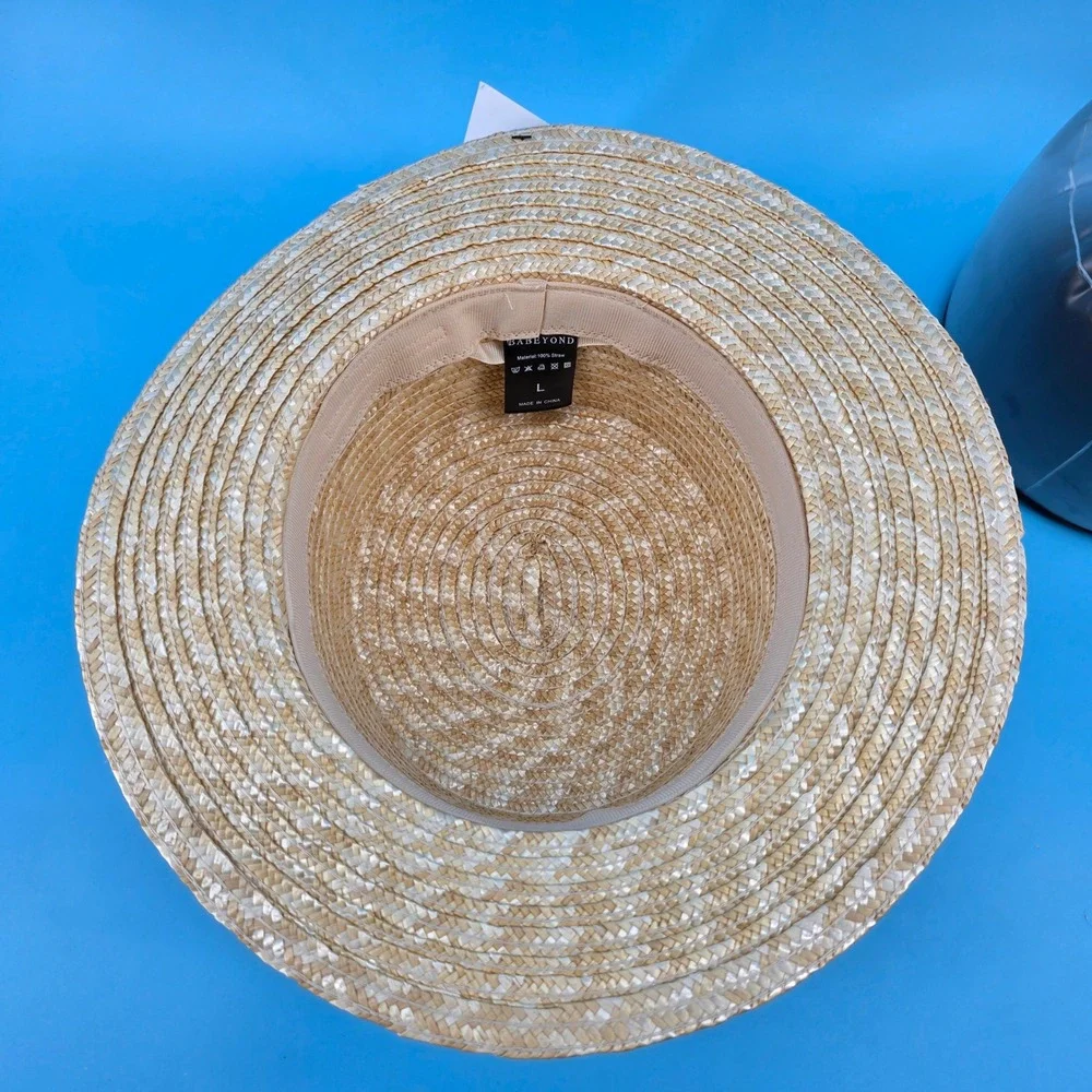 Babeyond Straw Boater‎ Hat Mens/Womens Blue Gradient Ribbon Flat Top Skimmer L